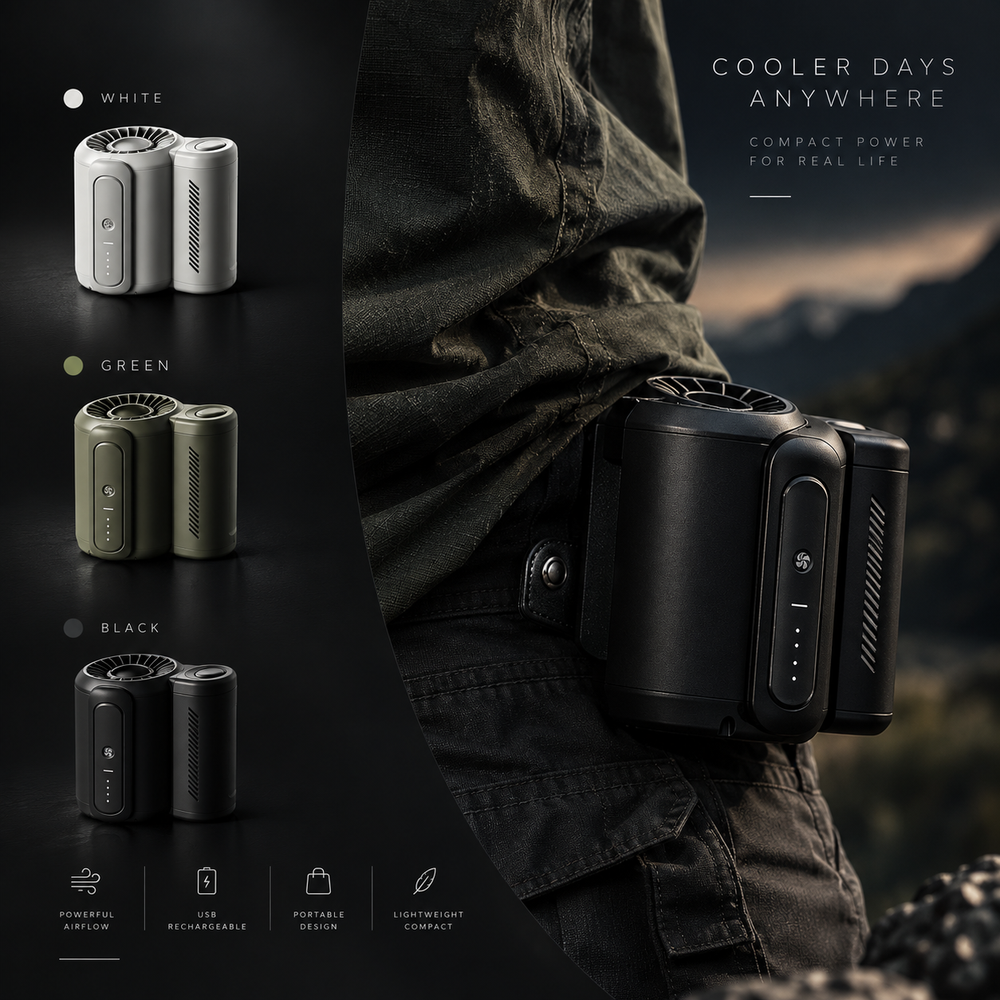 VORAIR Flow in all three colours beside a photo of the black unit clipped to the waistband of cargo trousers