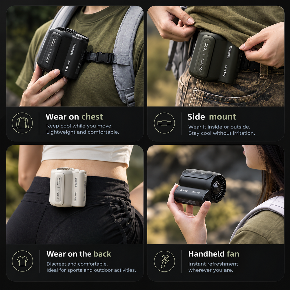 Four ways to wear VORAIR Flow: on the chest from a backpack strap, side mounted, on the back at the waistband, and held in the hand