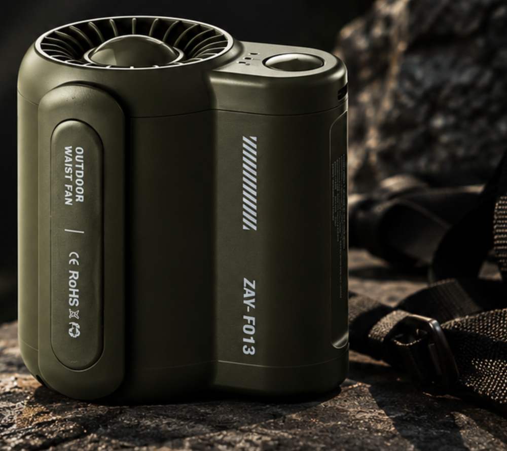 VORAIR Flow wearable cooling fan in green, resting on dark stone