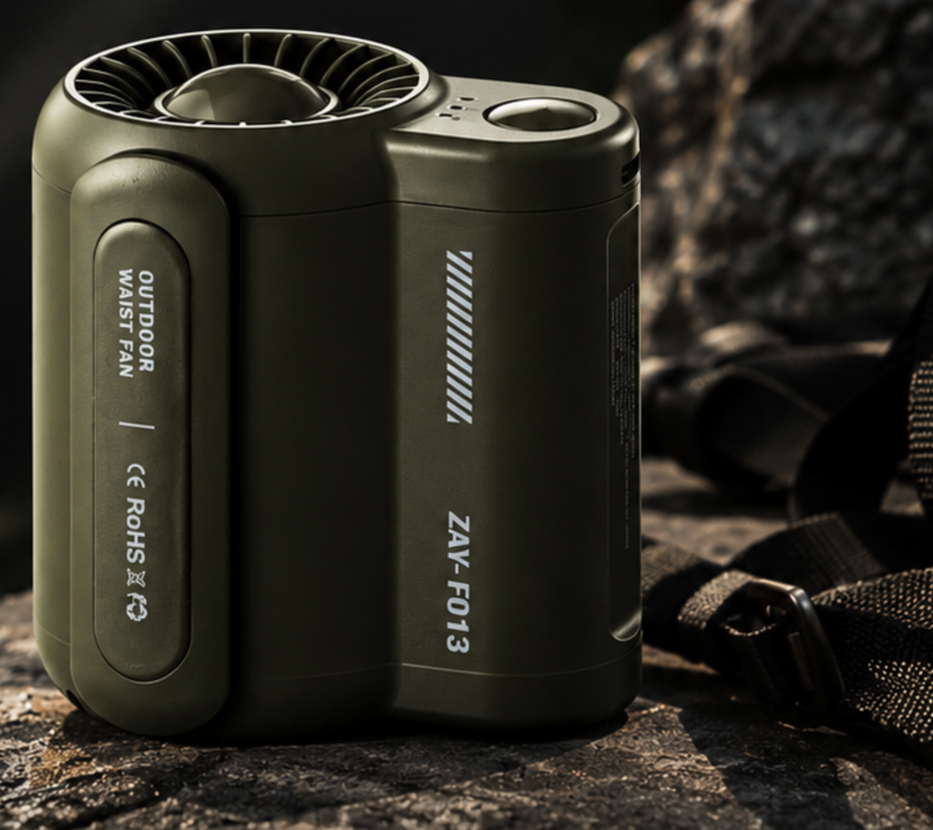 VORAIR Flow wearable cooling fan in green, resting on dark stone