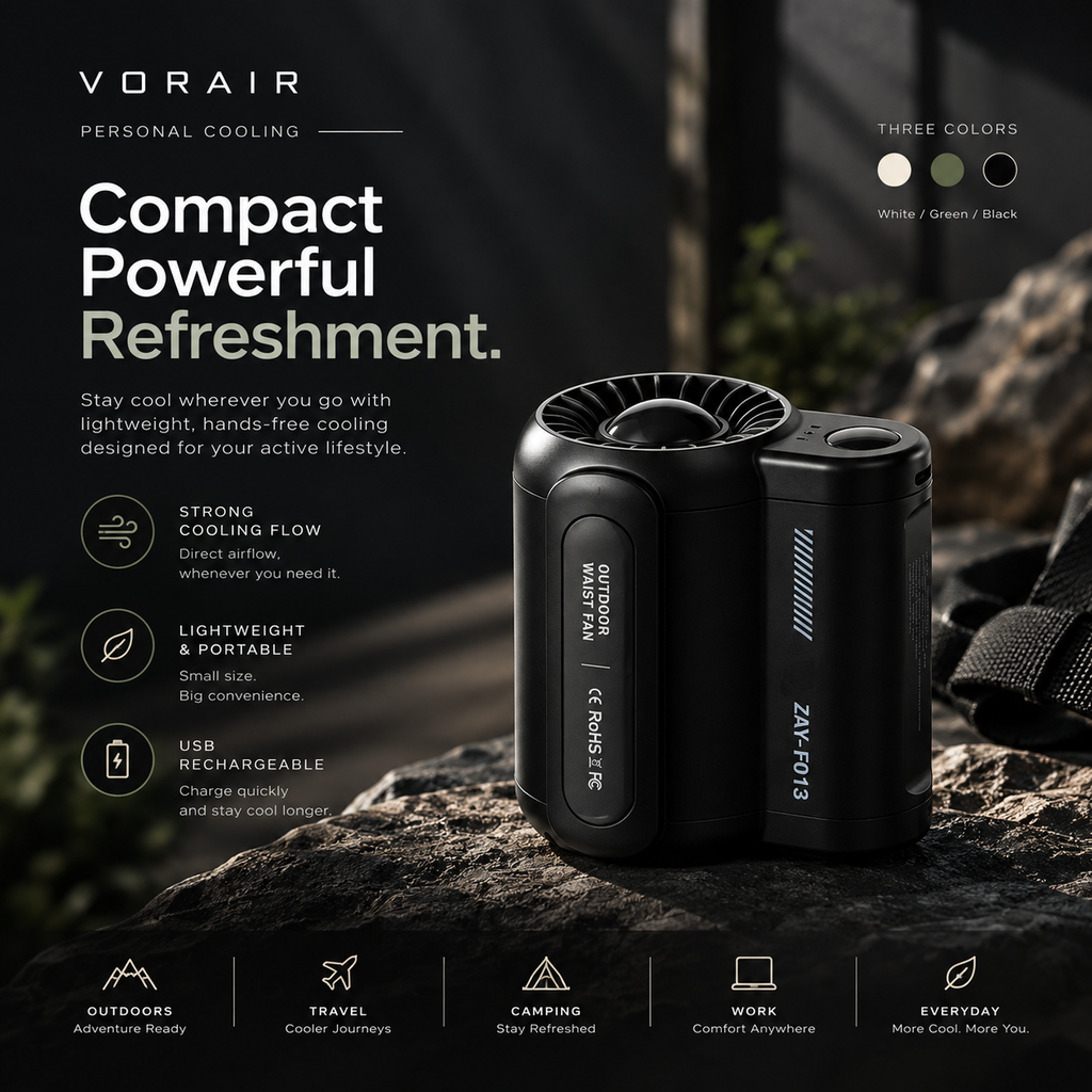 VORAIR Flow in black with its key features: strong cooling flow, lightweight and portable, USB rechargeable