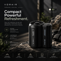 VORAIR Flow in black with its key features: strong cooling flow, lightweight and portable, USB rechargeable