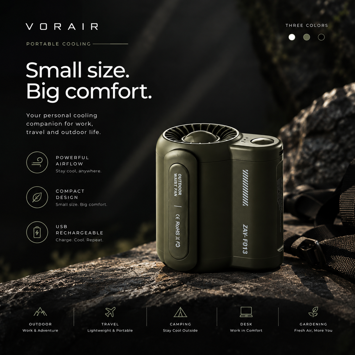 VORAIR Flow in green with its key features: powerful airflow, compact design, USB rechargeable