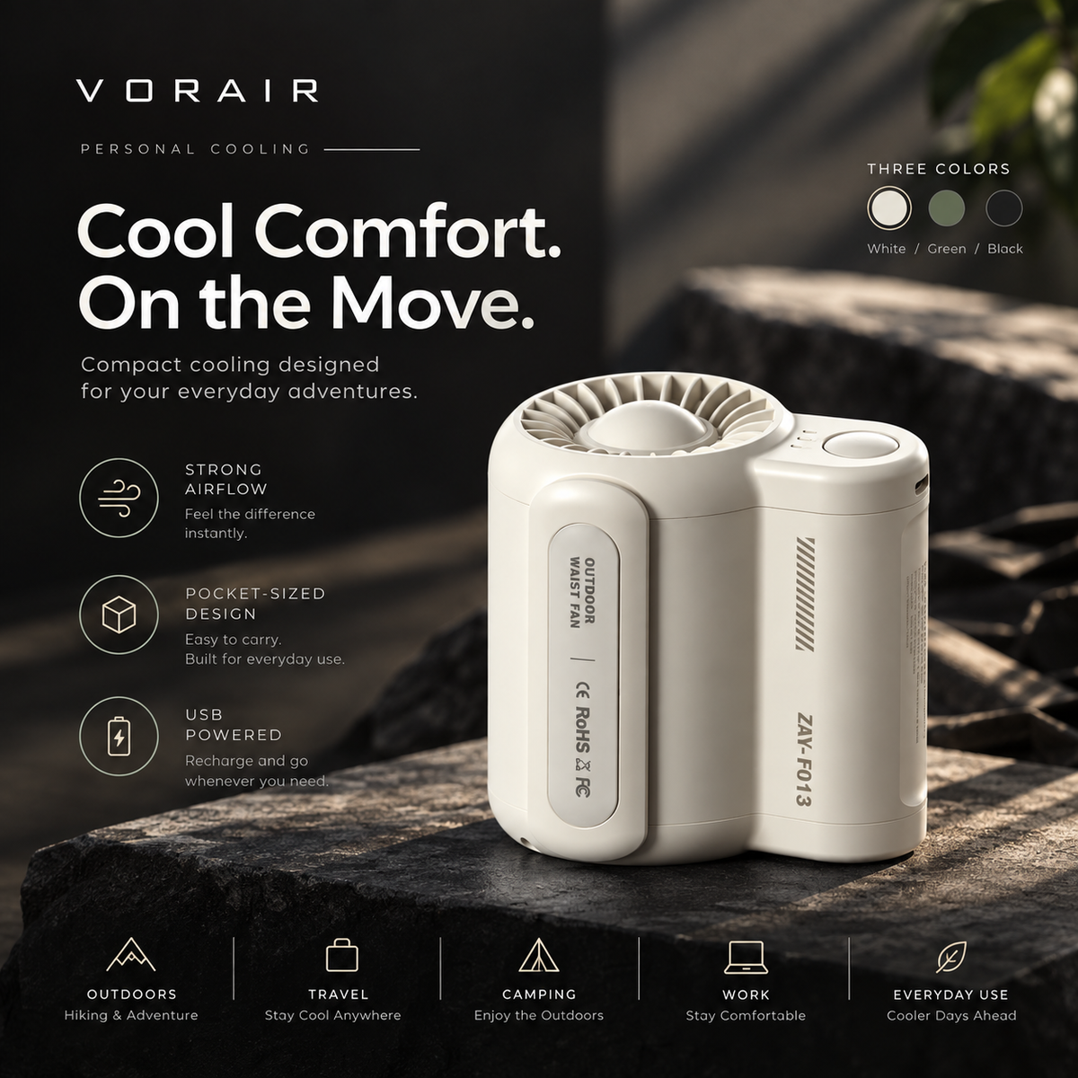 VORAIR Flow in white with its key features: strong airflow, pocket-sized design, USB powered