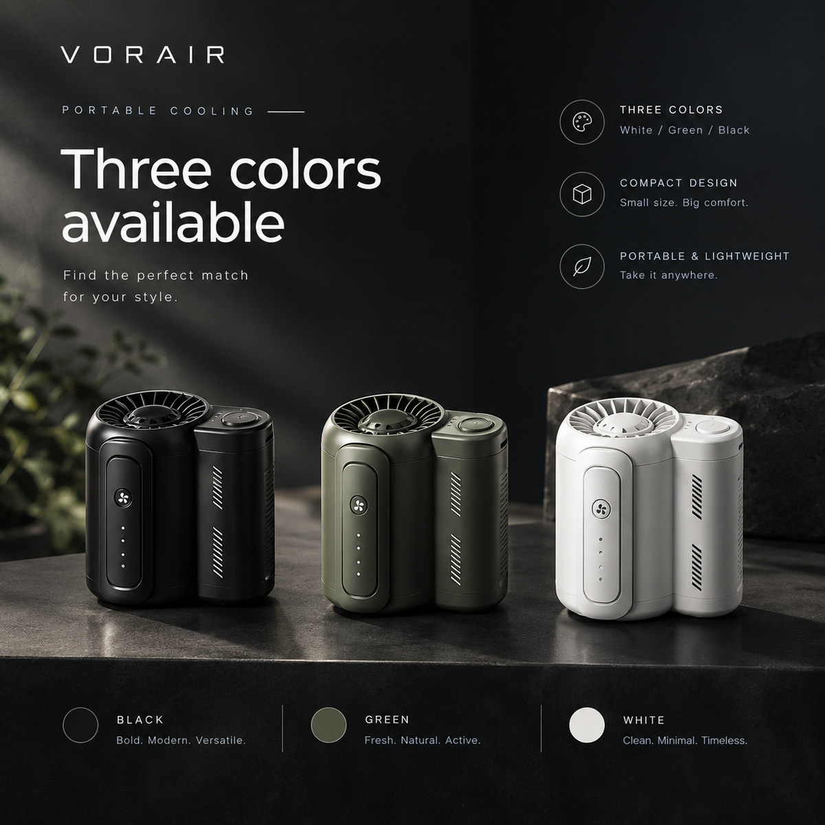 VORAIR Flow in black, green and white, lined up on a dark surface