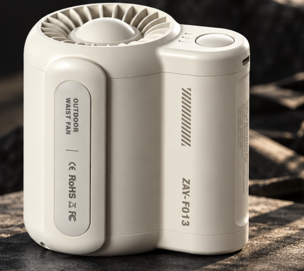 VORAIR Flow wearable cooling fan in white, resting on dark stone